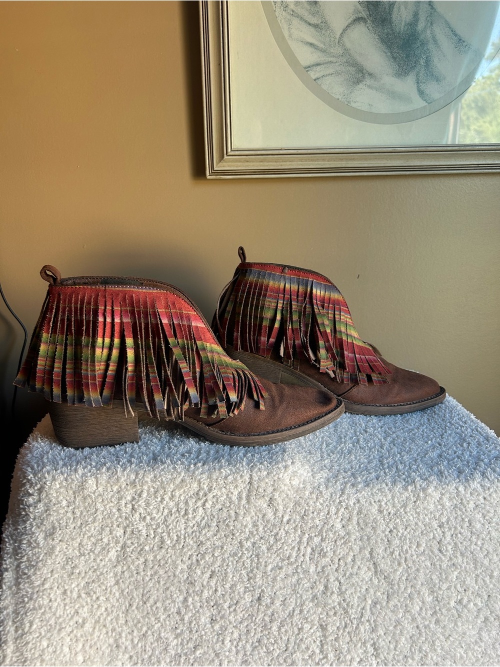 Brown Fringe Ankle Boots with Multicolor Accents